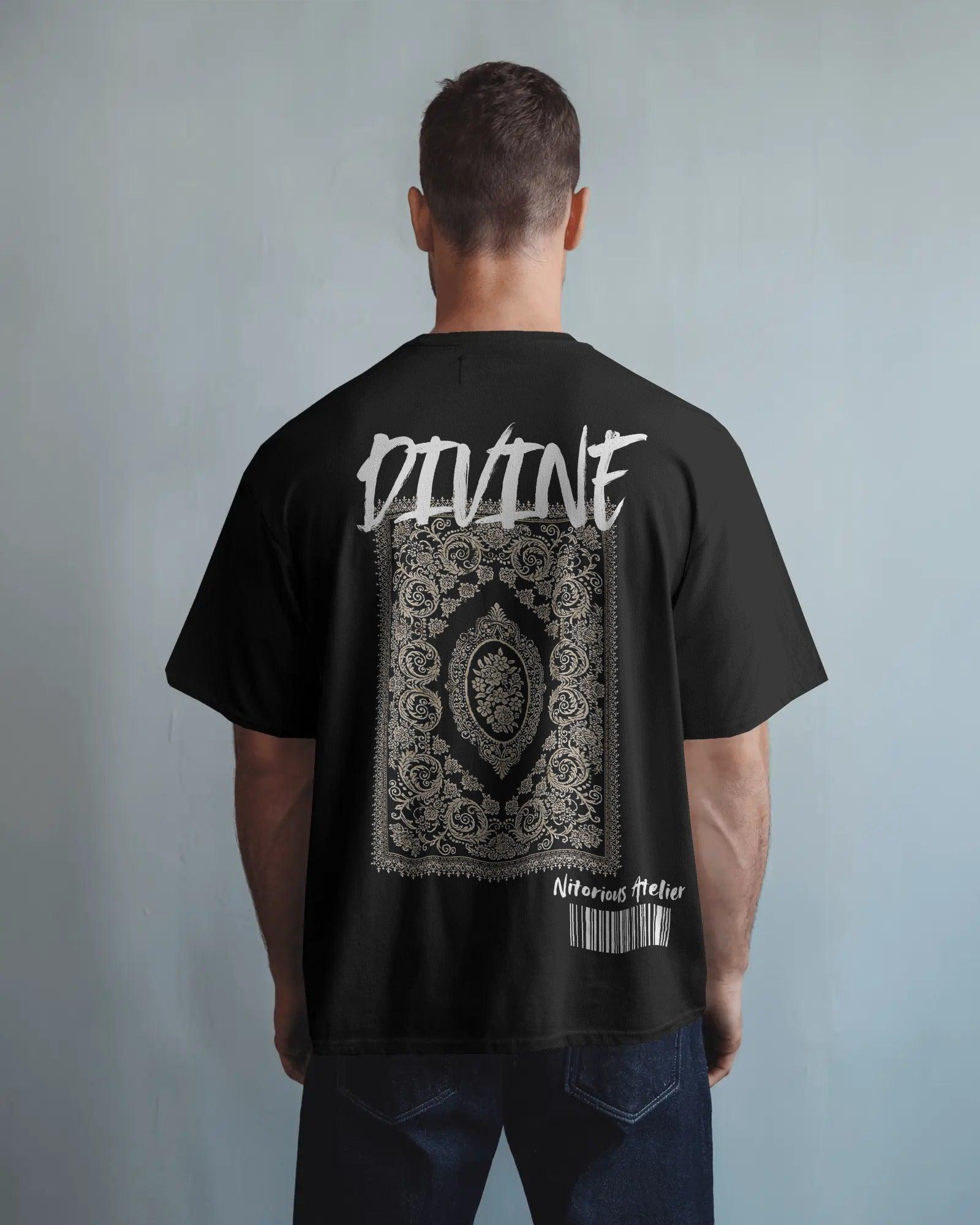 lack oversized Kilim Divine t-shirt from Nitorious Atelier featuring a bold ethnic-inspired print. Crafted from premium cotton for standout comfort and style