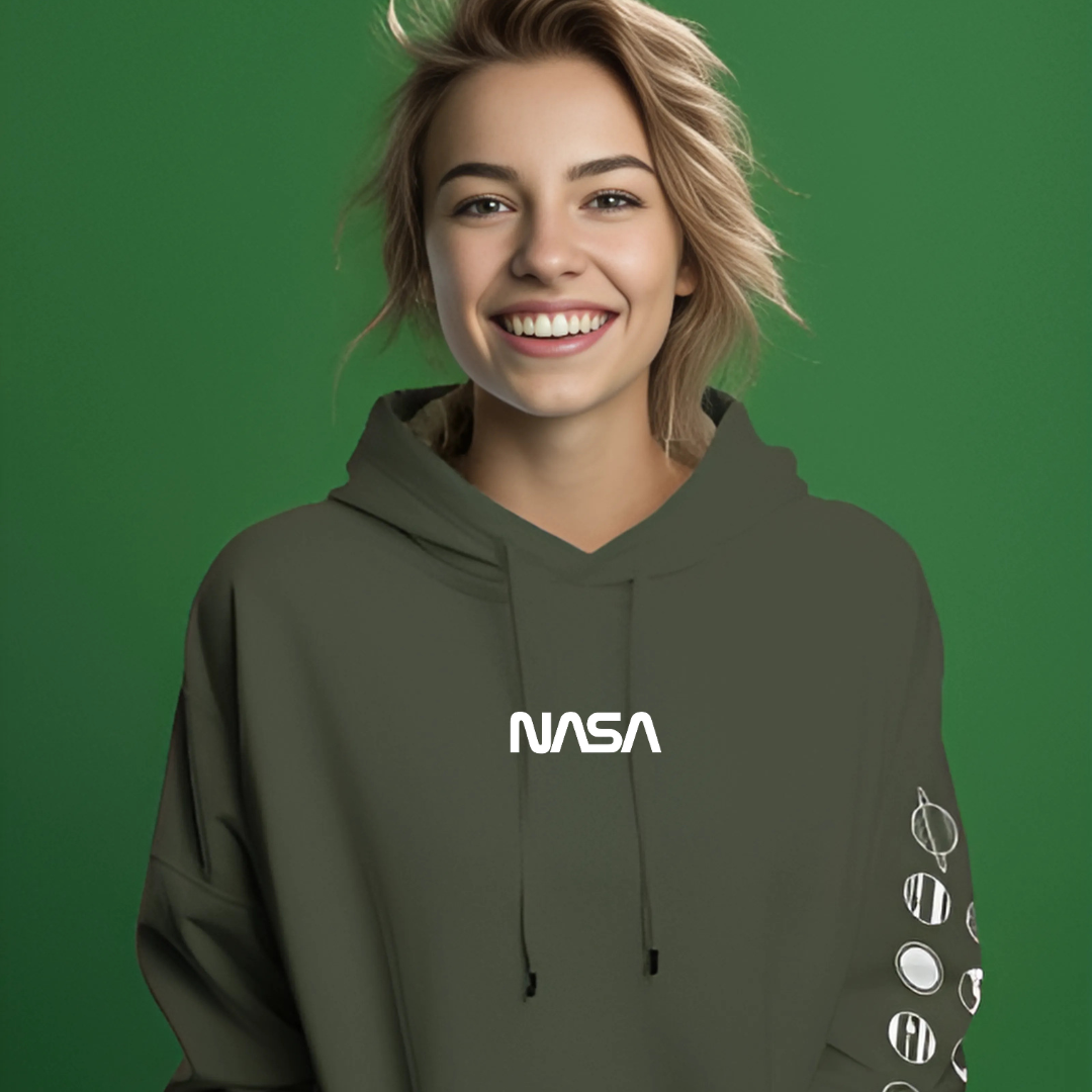 NASA green hoodie from Nitorious Atelier made with premium cotton fleece. This hoodie features a bold NASA logo on the front, offering both style and comfort with its soft, warm fabric and relaxed fit. Perfect for casual wear and space enthusiasts.