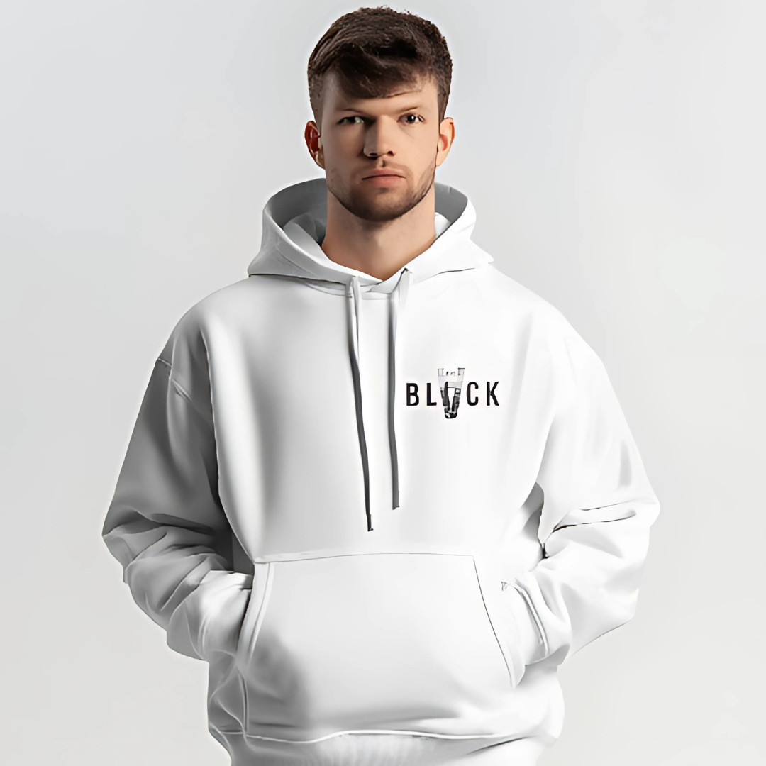 The Black white hoodie from Nitorious Atelier featuring a minimalist yet bold design. Made from soft, premium cotton fleece, this hoodie provides a comfortable and sleek look, perfect for a casual yet edgy style.