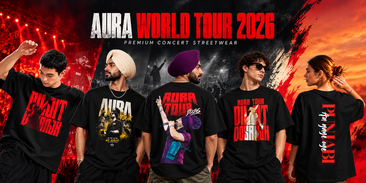 Five models wearing black t-shirts with red and white 'Aura World Tour 2026' concert graphics, set against a dramatic red and black concert stage background with the text 'AURA WORLD TOUR 2026'.