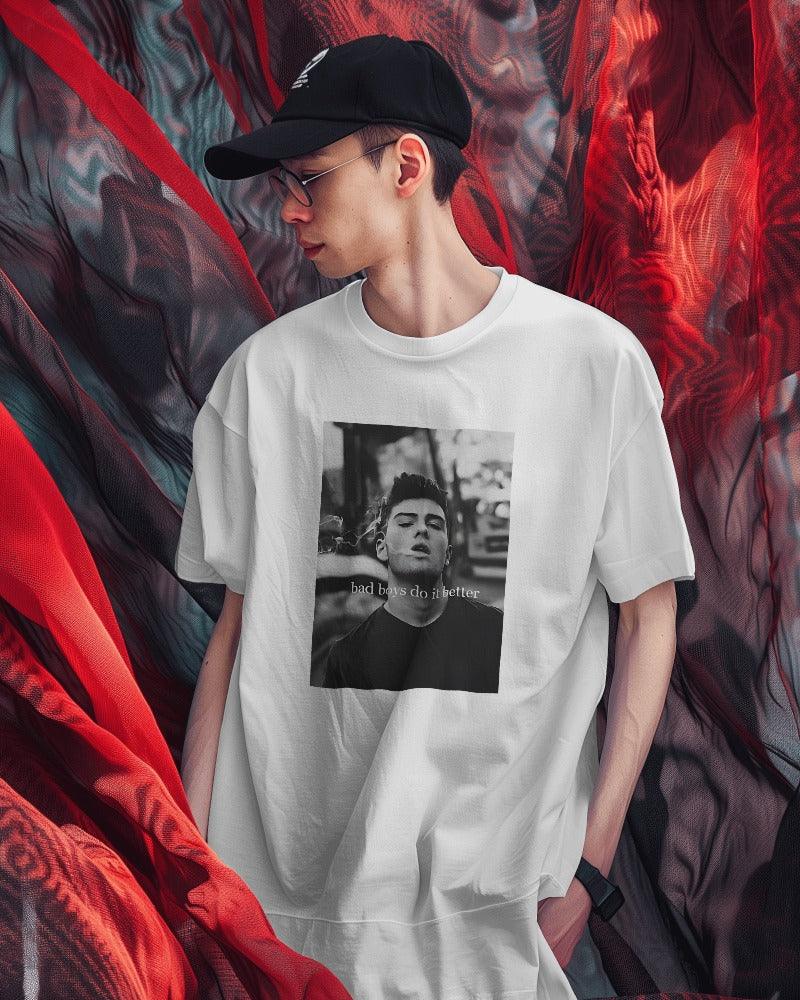Oversized white t-shirt from Nitorious Atelier featuring the bold slogan 'Bad Boys Do Better.' Made from premium cotton, this t-shirt offers a stylish and comfortable fit.