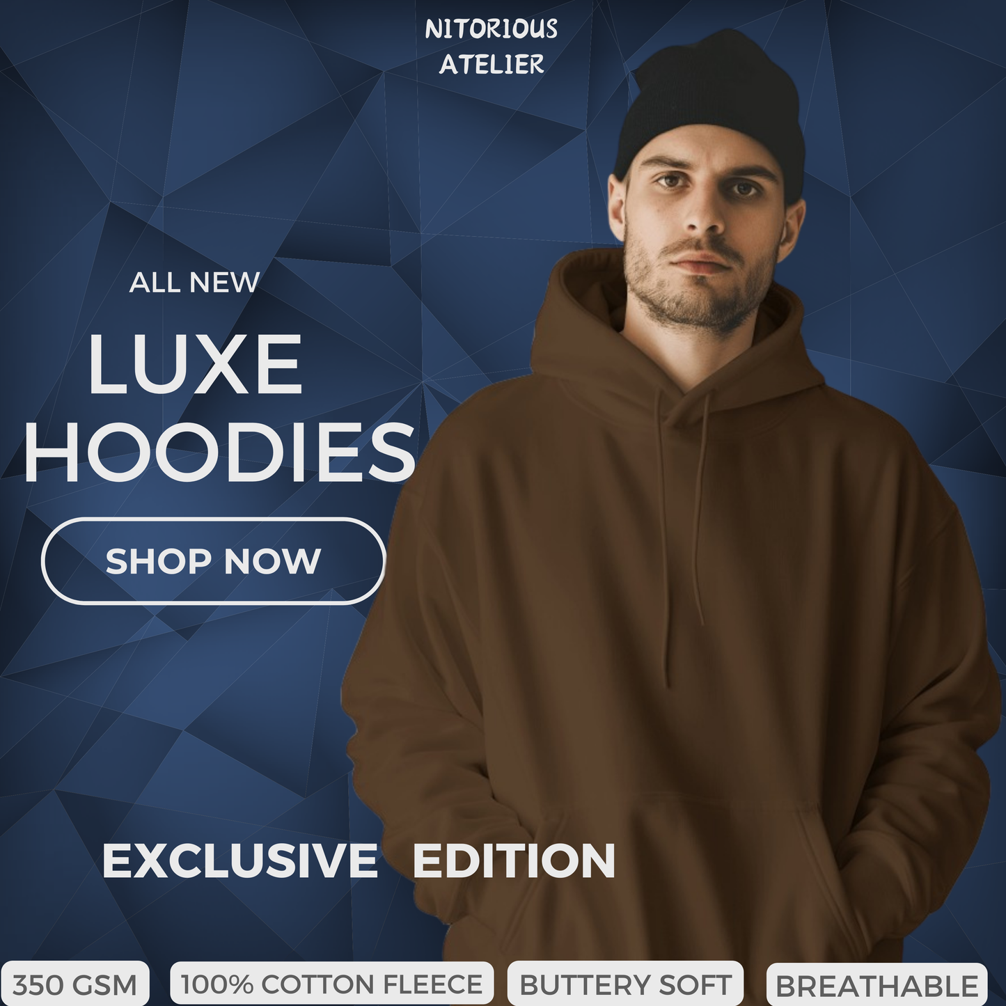 Nitorious Atelier brown Luxe hoodie crafted from premium cotton cotton, featuring a rich, warm tone and a luxurious feel. This hoodie combines style and comfort, making it perfect for casual, everyday wear.