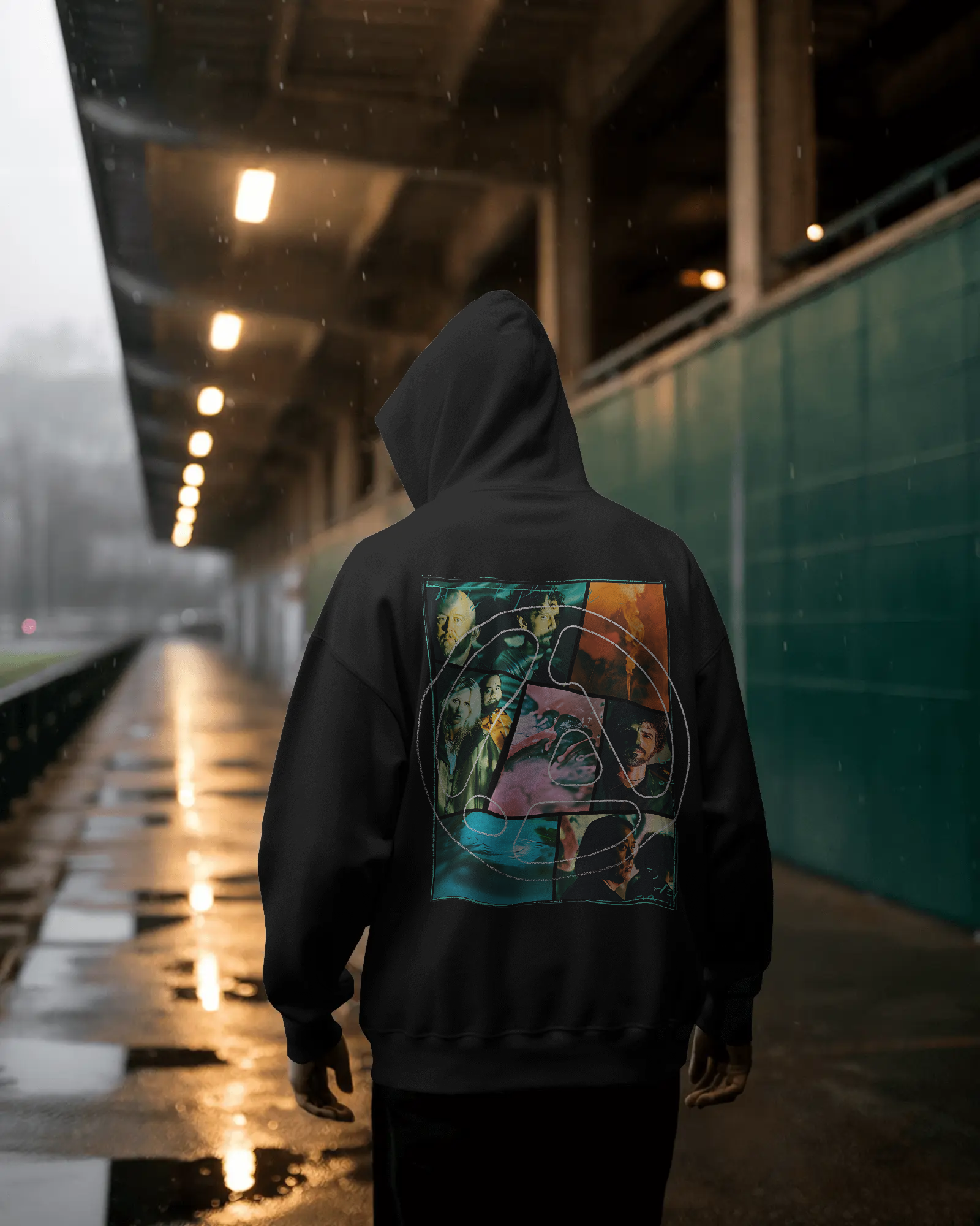 Model wearing Nitorious Atelier Linkin Park From Zero Black Luxe Hoodie with bold graphic print on front and back.