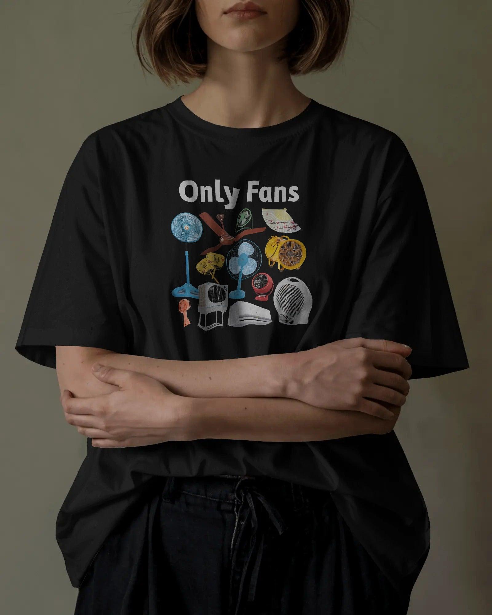 Black oversized "Only Fans" t-shirt from Nitorious Atelier, featuring bold white typography on premium cotton. Designed for comfort and statement streetwear style.