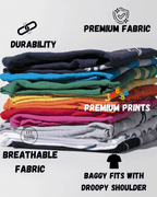 Stack of colorful t-shirts with text highlighting features like durability, premium fabric, premium prints, breathable fabric, and baggy fit.