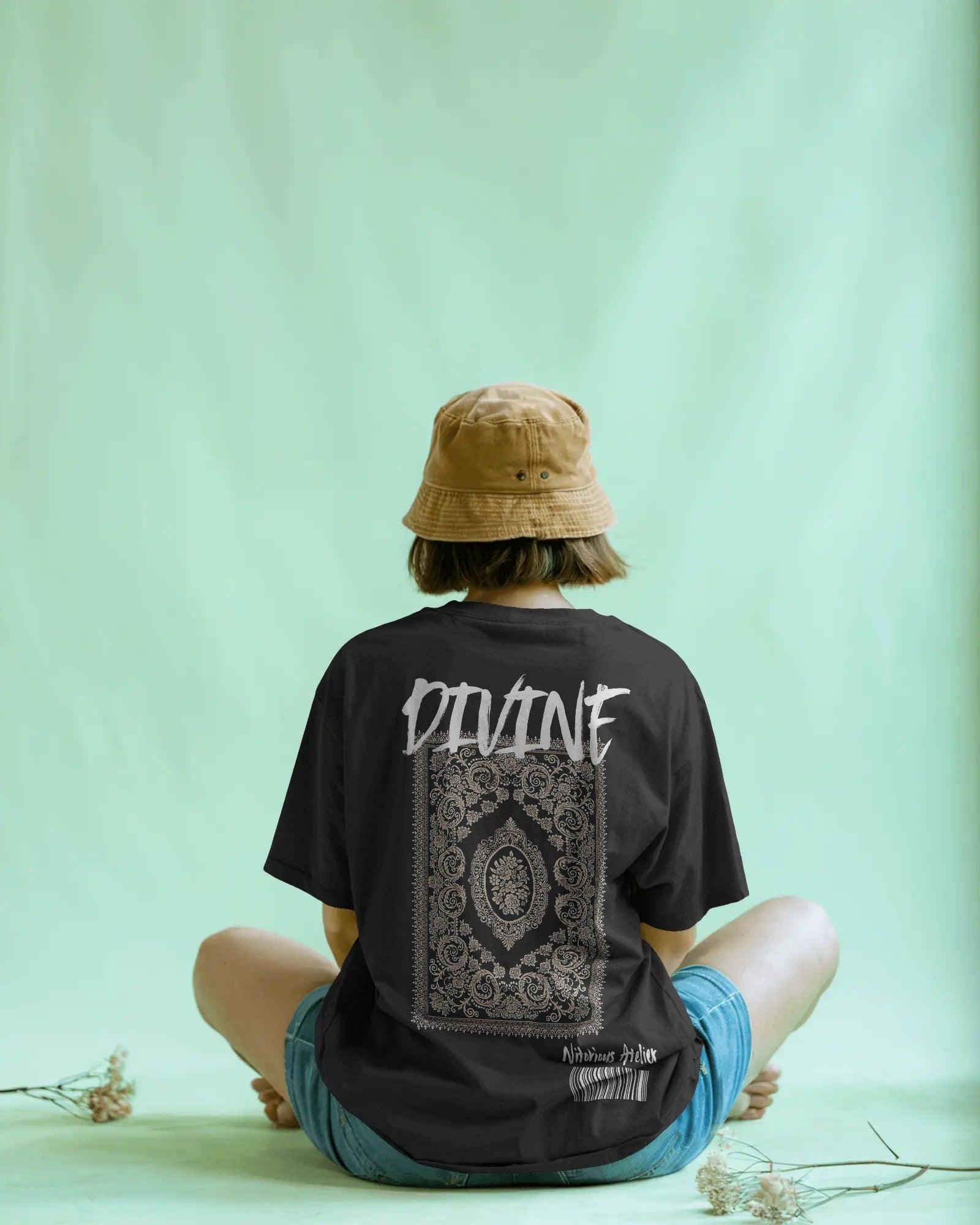 lack oversized Kilim Divine t-shirt from Nitorious Atelier featuring a bold ethnic-inspired print. Crafted from premium cotton for standout comfort and style