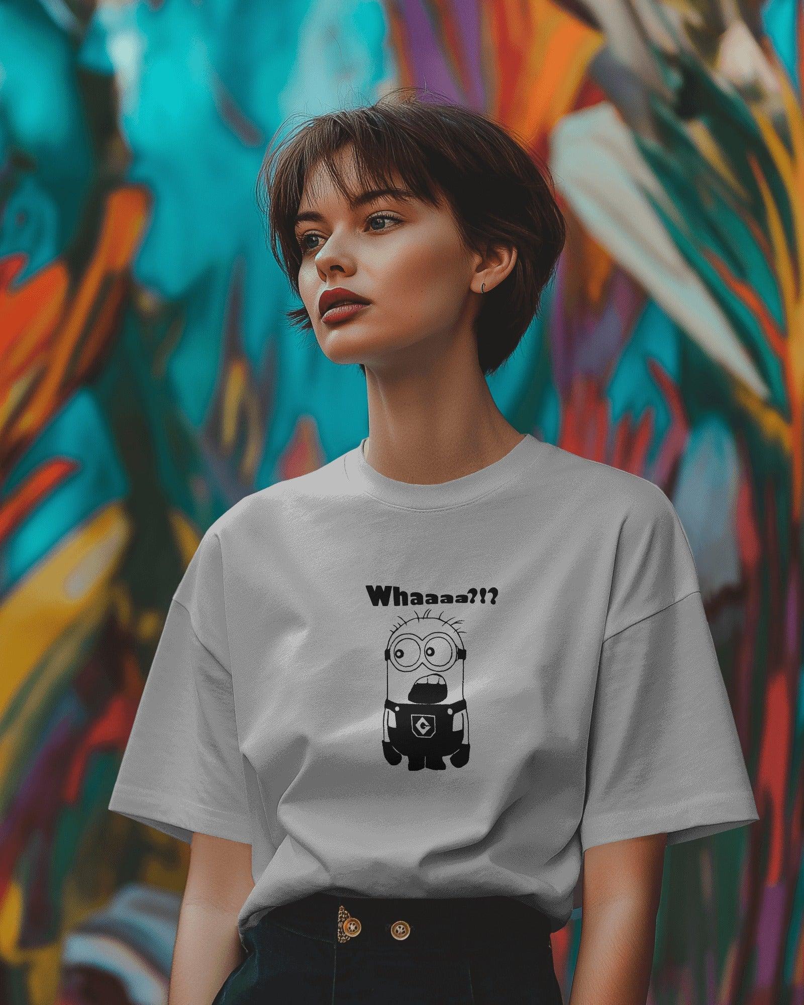 White oversized t-shirt from Nitorious Atelier featuring a bold Minion-inspired graphic print. Made from premium cotton for a soft, comfortable, and durable fit.