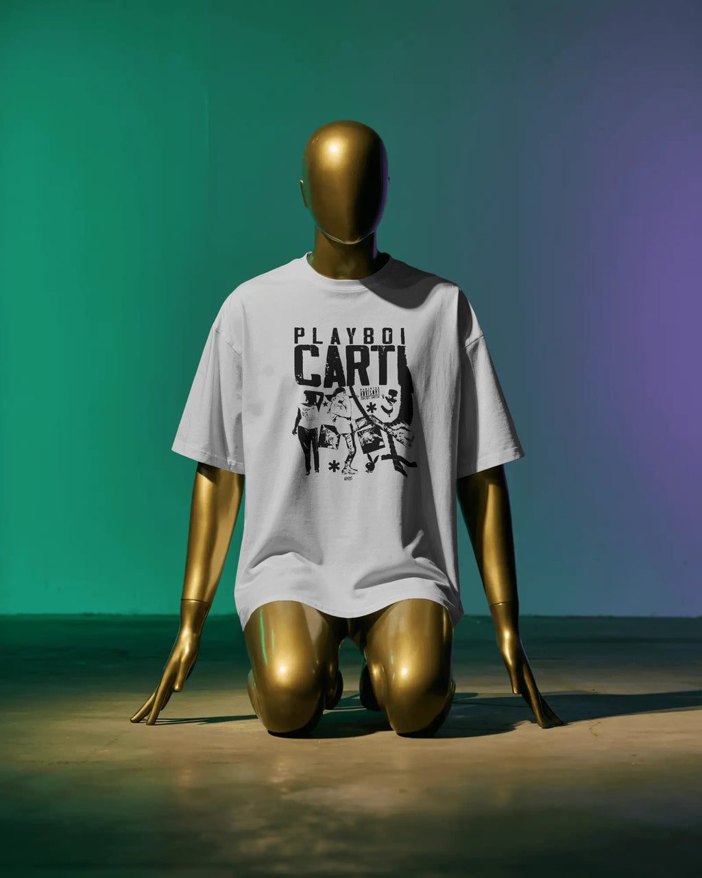 Mannequin wearing a white t-shirt with 'Playboy Carti' graphic on a gradient background