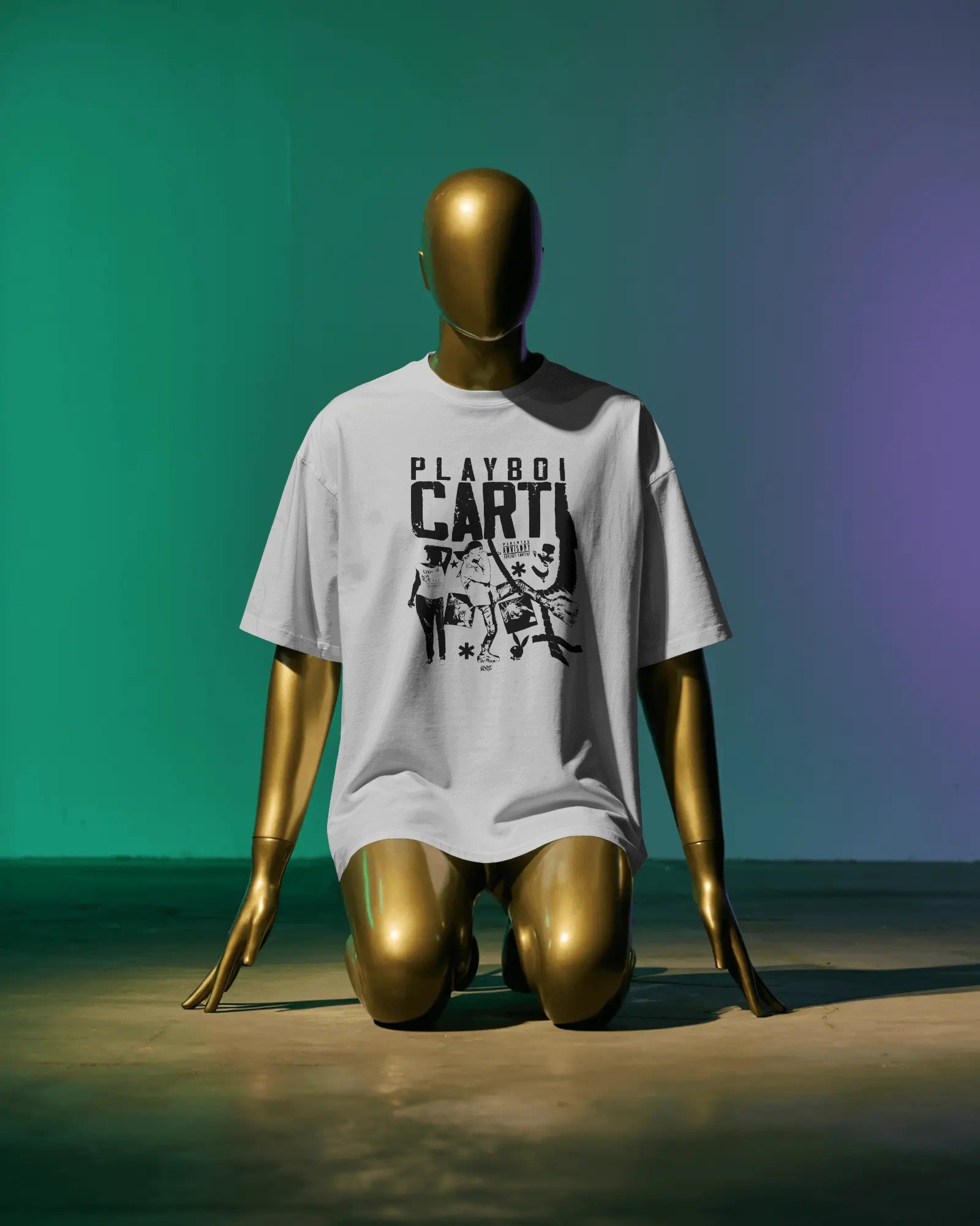Mannequin wearing a white t-shirt with 'Playboy Carti' graphic on a gradient background
