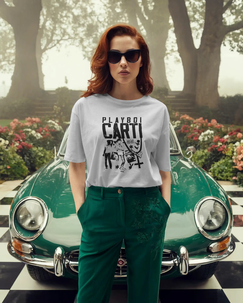 Woman wearing a white t-shirt with 'Playboy Carti' text and graphics, standing in front of a vintage green car.