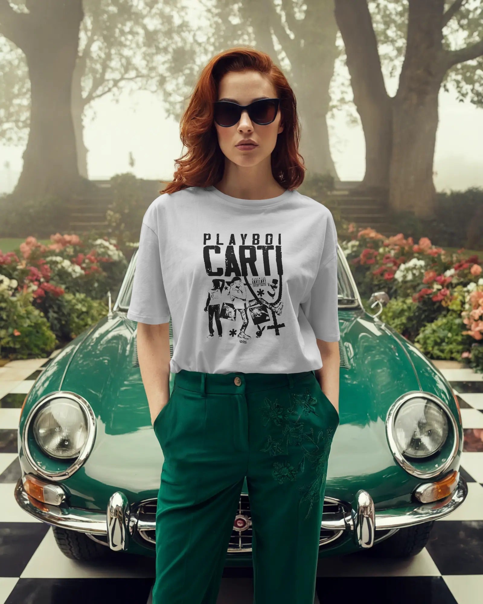 Woman wearing a white t-shirt with 'Playboy Carti' text and graphics, standing in front of a vintage green car.