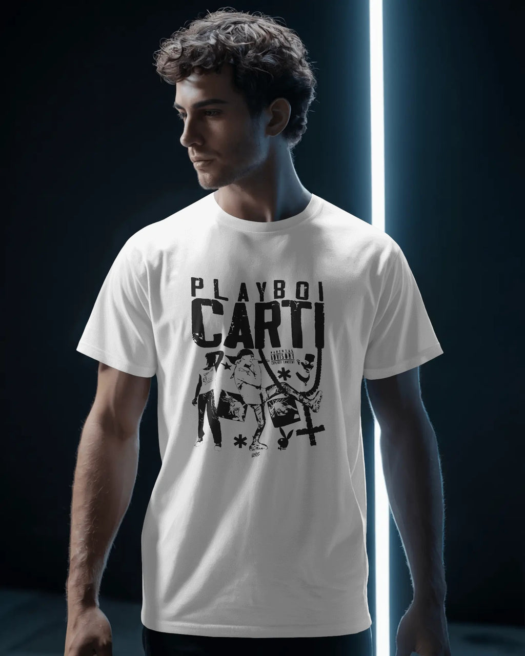 Man wearing a white t-shirt with 'Playboy Carti' graphic design on a dark background