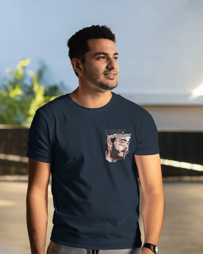 Post Malone Blue T-Shirt from Nitorious Atelier. Featuring a vibrant graphic of Post Malone, this t-shirt is made from premium cotton for a soft, durable, and comfortable fit. Perfect for fans and casual wear alike.