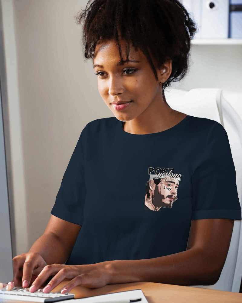 Post Malone Blue T-Shirt from Nitorious Atelier. Featuring a vibrant graphic of Post Malone, this t-shirt is made from premium cotton for a soft, durable, and comfortable fit. Perfect for fans and casual wear alike.