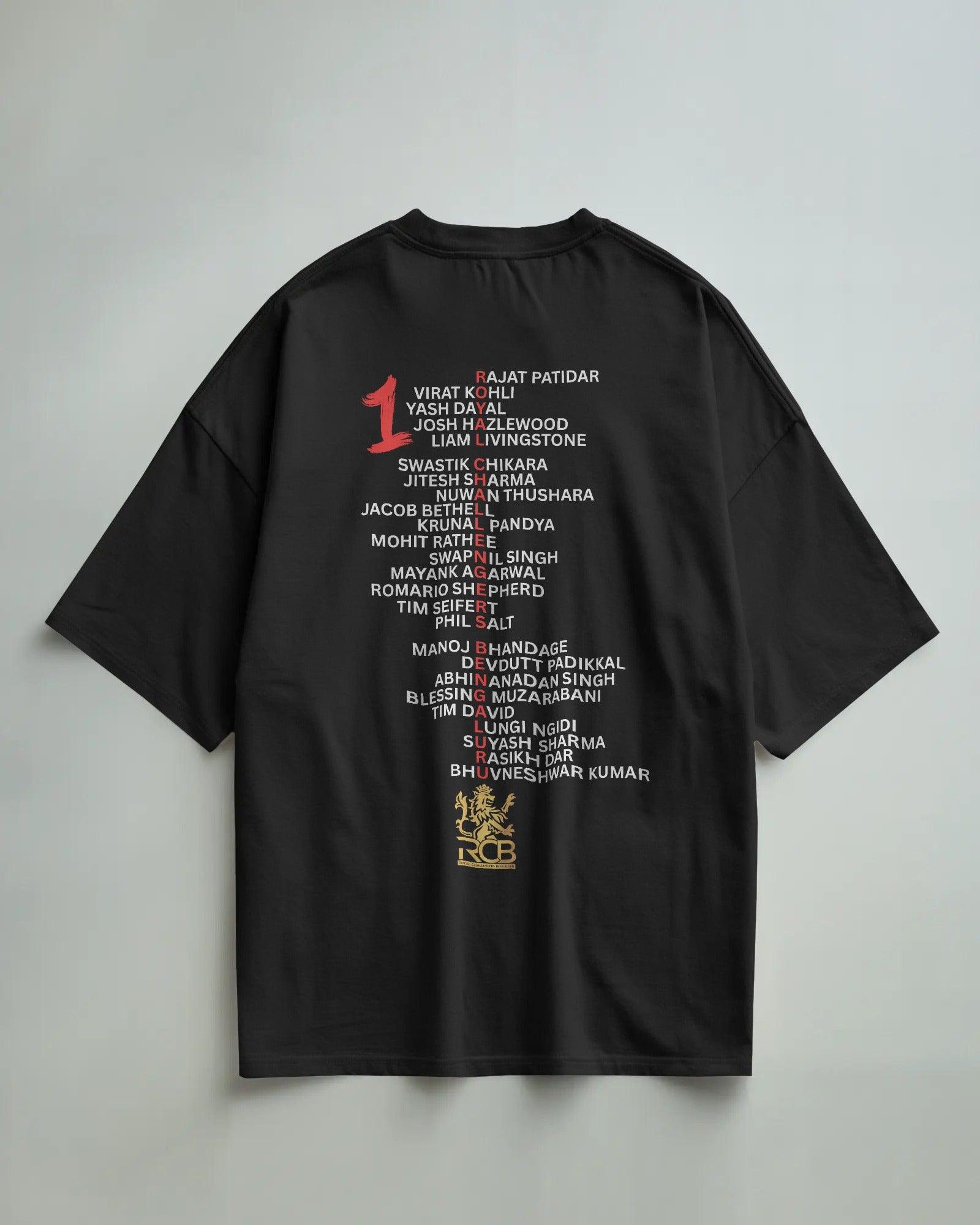 RCB Champions T-shirt featuring team player names printed on premium cotton. A tribute to Royal Challengers Bangalore's historic IPL win.