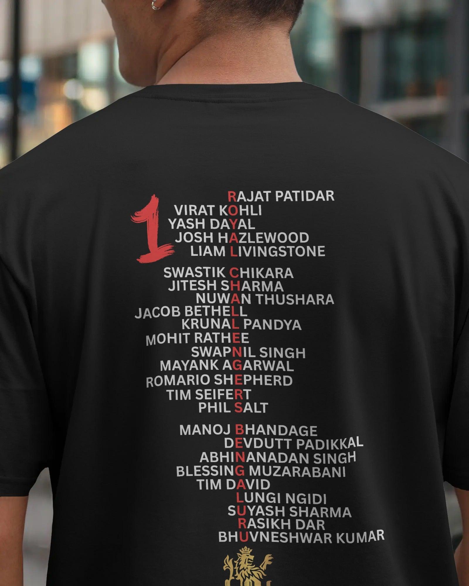 RCB Champions T-shirt featuring team player names printed on premium cotton. A tribute to Royal Challengers Bangalore's historic IPL win.