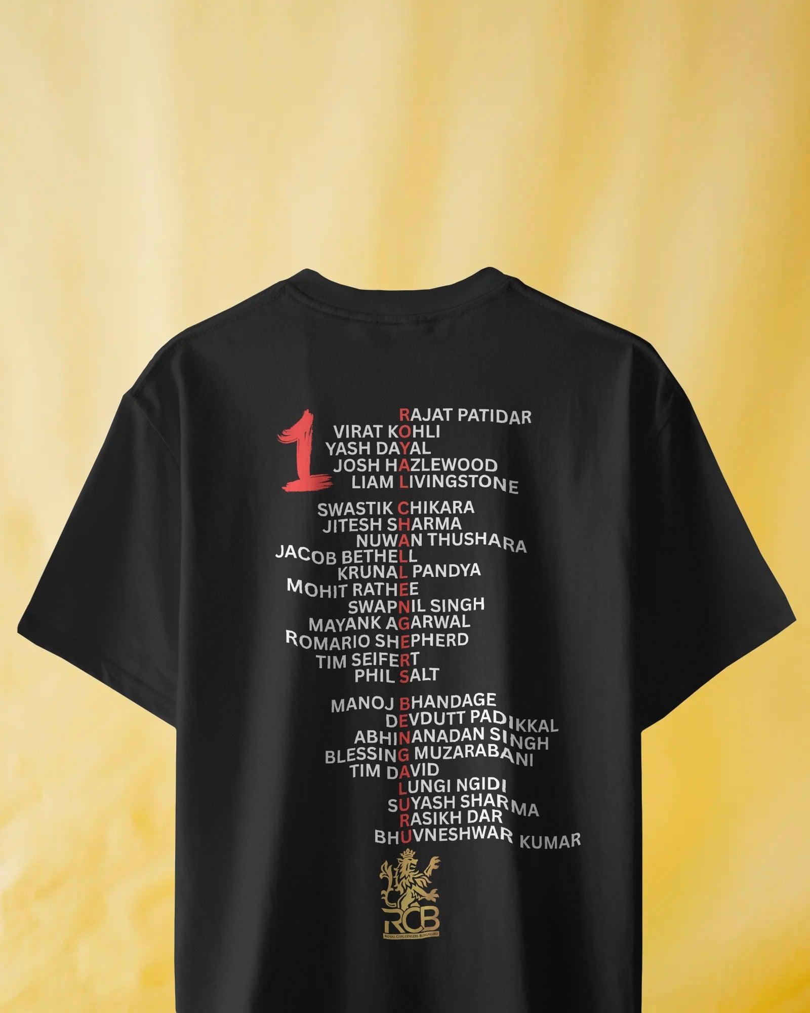 RCB Champions T-shirt featuring team player names printed on premium cotton. A tribute to Royal Challengers Bangalore's historic IPL win.