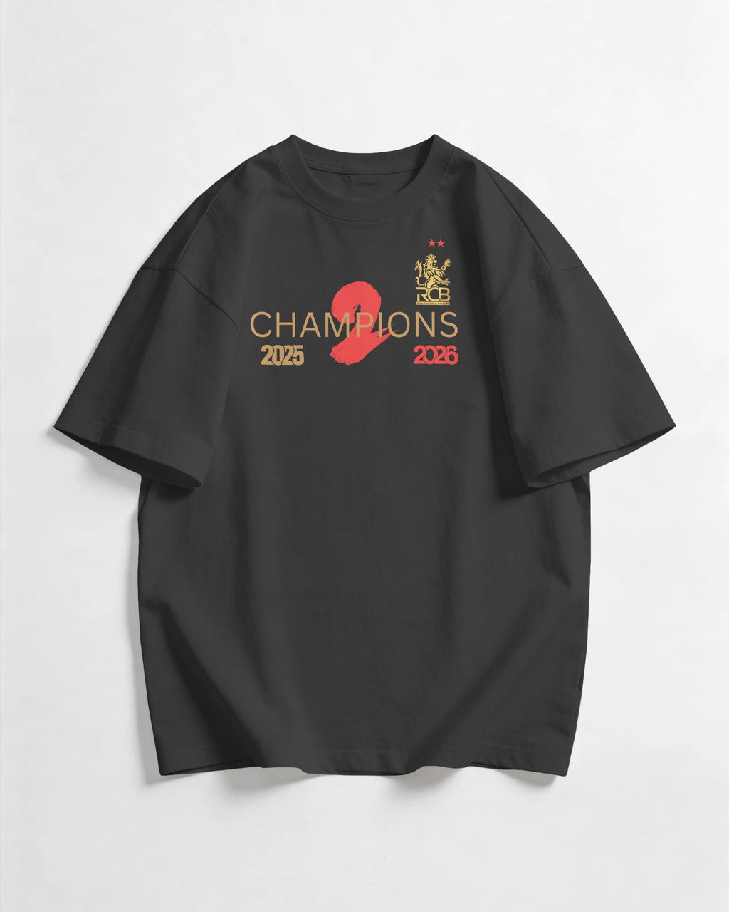 Black t-shirt with 'Champions 2026' text and logo on a white background. RCB Champions Tshirt from Nitorious Atelier 