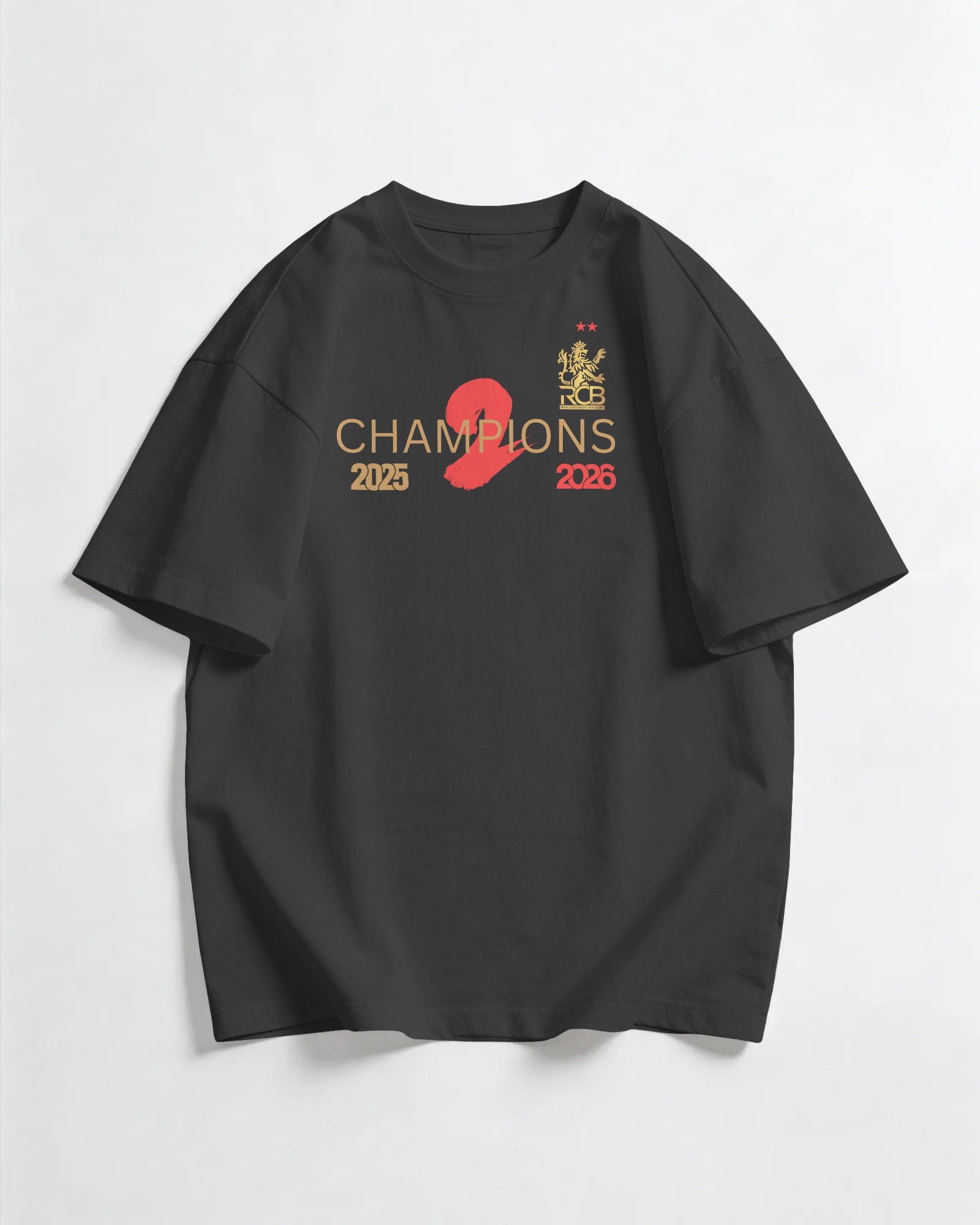 Black t-shirt with 'Champions 2026' text and logo on a white background. RCB Champions Tshirt from Nitorious Atelier 