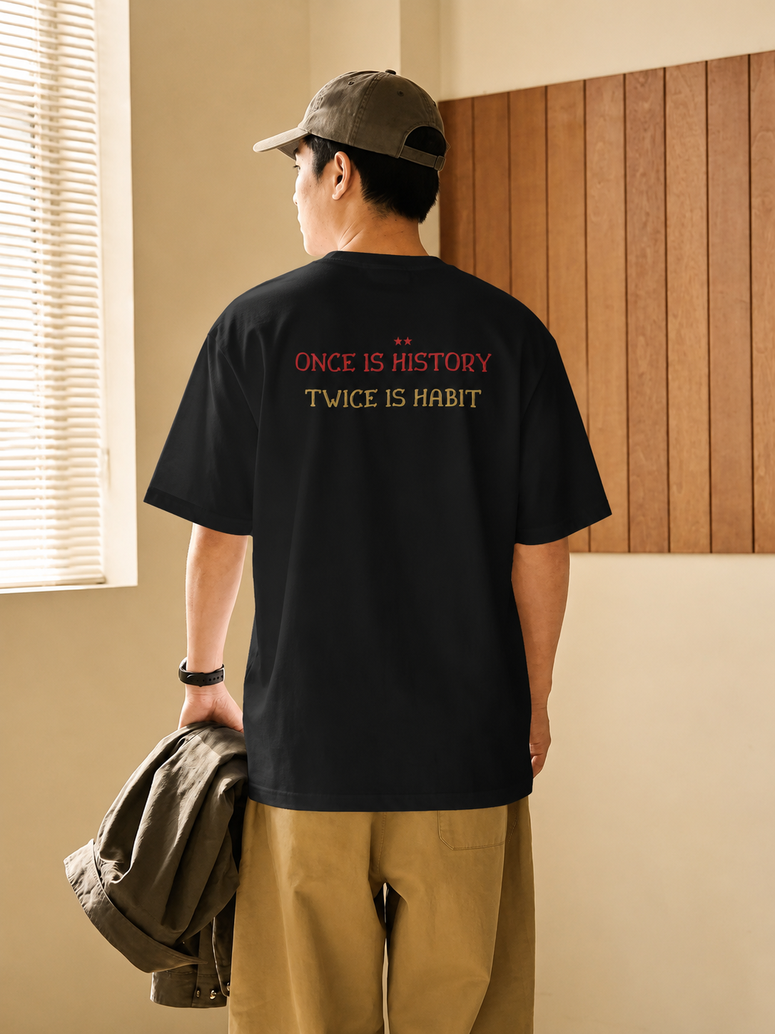 Person wearing a black t-shirt with text, standing in a room with wooden paneling. RCB Champions Tshirt from Nitorious Atelier 