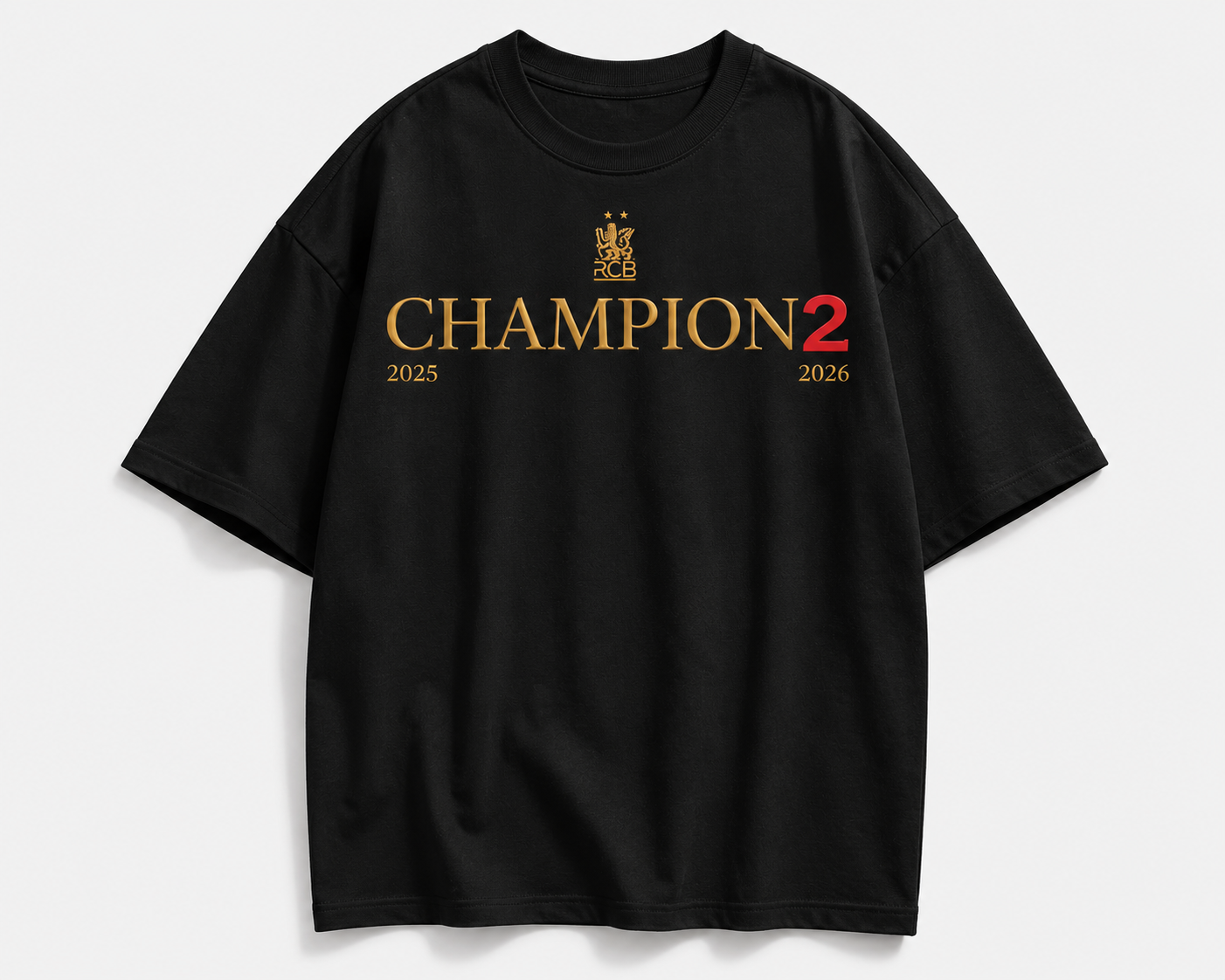 RCB Champions Tshirt from Nitorious Atelier Black t-shirt with 'Champion 2' text on a white background