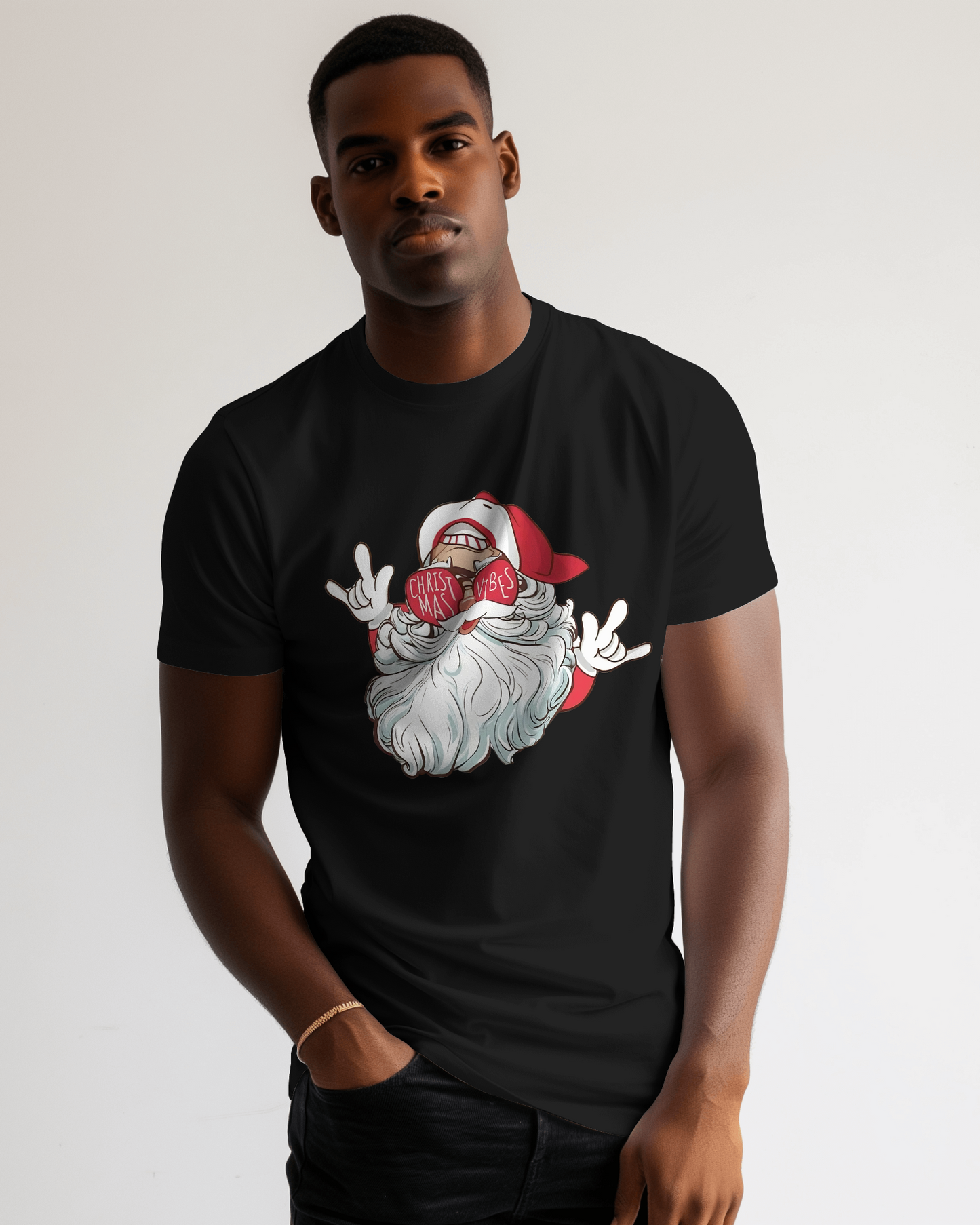 Black regular fit t-shirt from Nitorious Atelier featuring a festive Santa Claus print. Made from premium cotton, this t-shirt offers comfort and a joyful holiday vibe, perfect for the Christmas season.