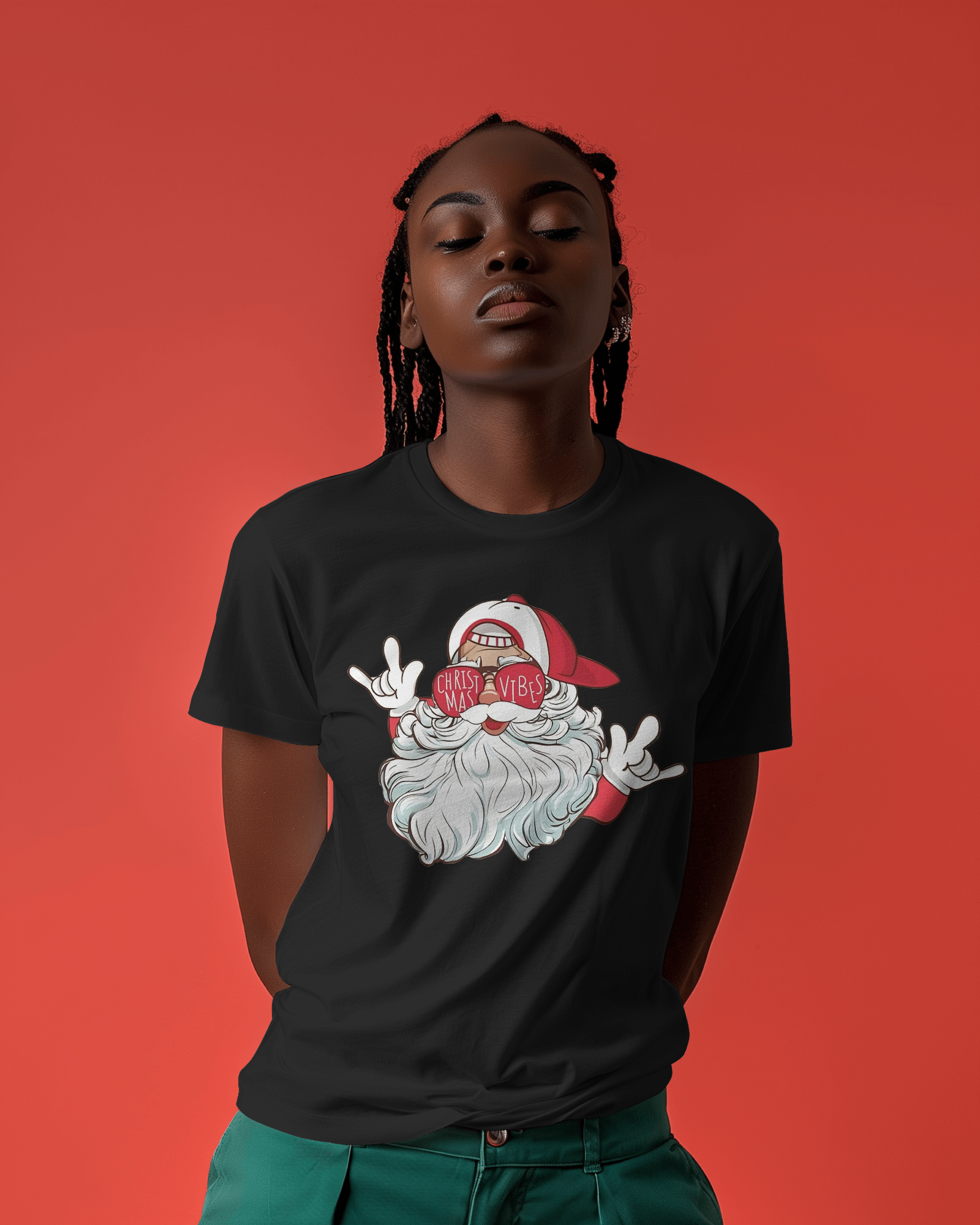 Black regular fit t-shirt from Nitorious Atelier featuring a festive Santa Claus print. Made from premium cotton, this t-shirt offers comfort and a joyful holiday vibe, perfect for the Christmas season.