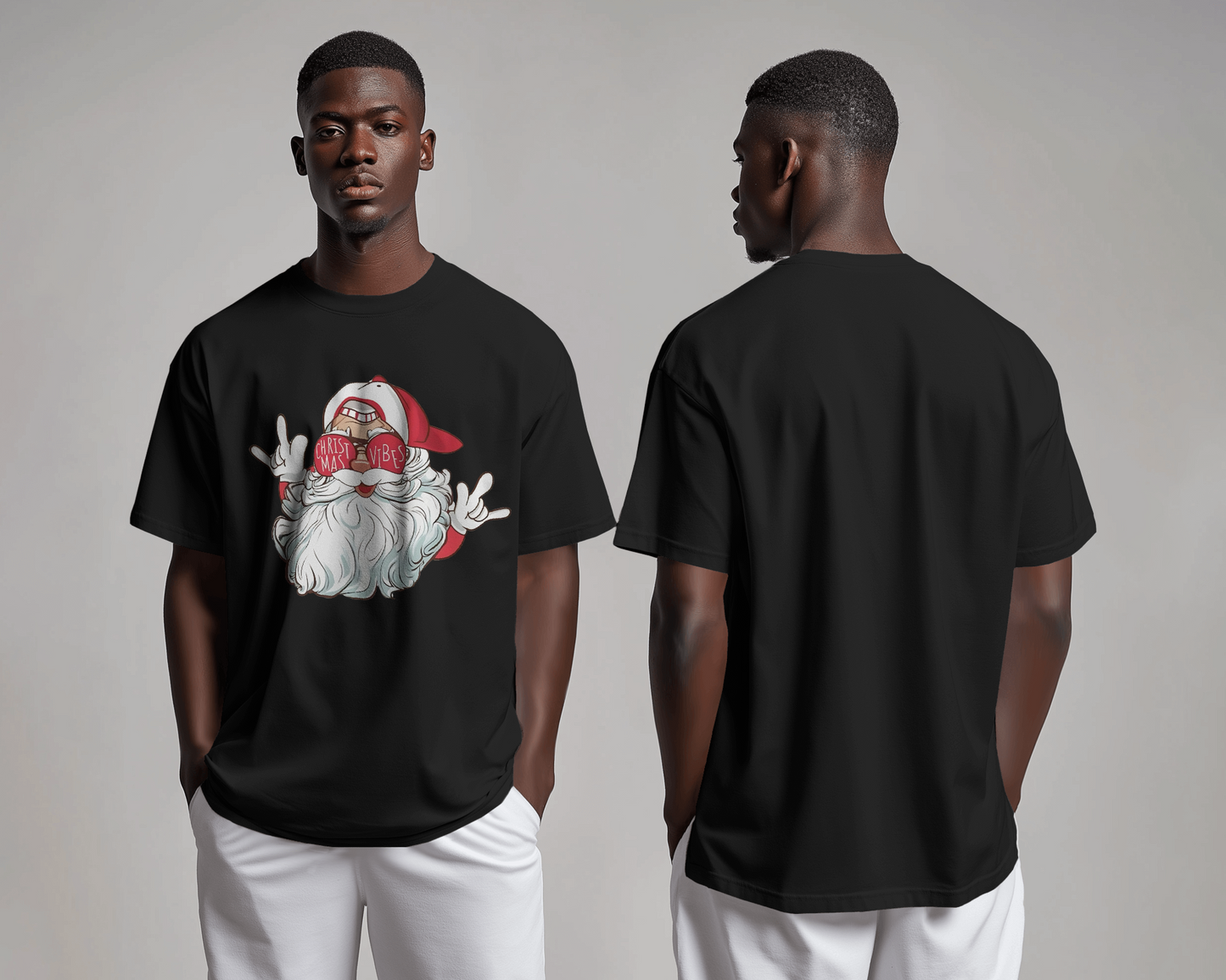 Black regular fit t-shirt from Nitorious Atelier featuring a festive Santa Claus print. Made from premium cotton, this t-shirt offers comfort and a joyful holiday vibe, perfect for the Christmas season.