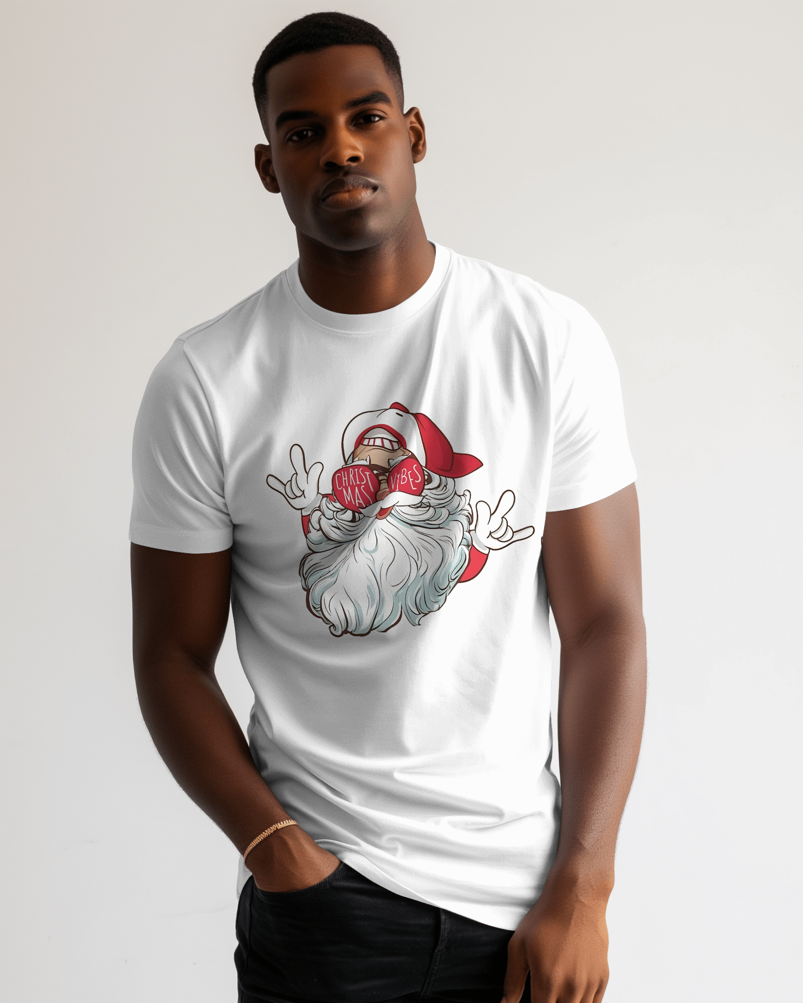 White regular fit t-shirt from Nitorious Atelier featuring a festive Santa Claus print. Made from premium cotton, this t-shirt offers comfort and a joyful holiday vibe, perfect for the Christmas season.