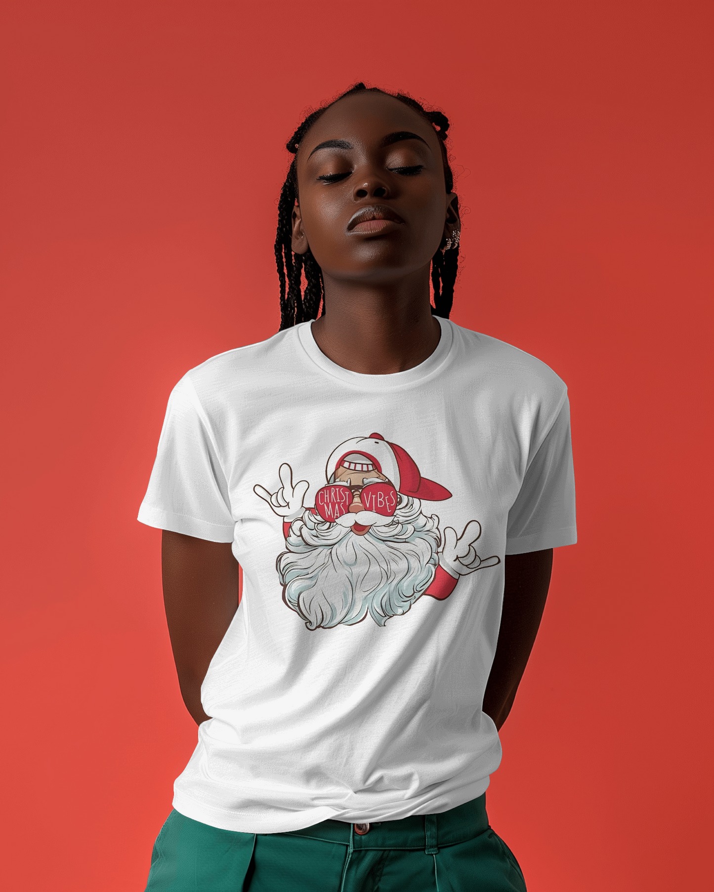 White regular fit t-shirt from Nitorious Atelier featuring a festive Santa Claus print. Made from premium cotton, this t-shirt offers comfort and a joyful holiday vibe, perfect for the Christmas season.