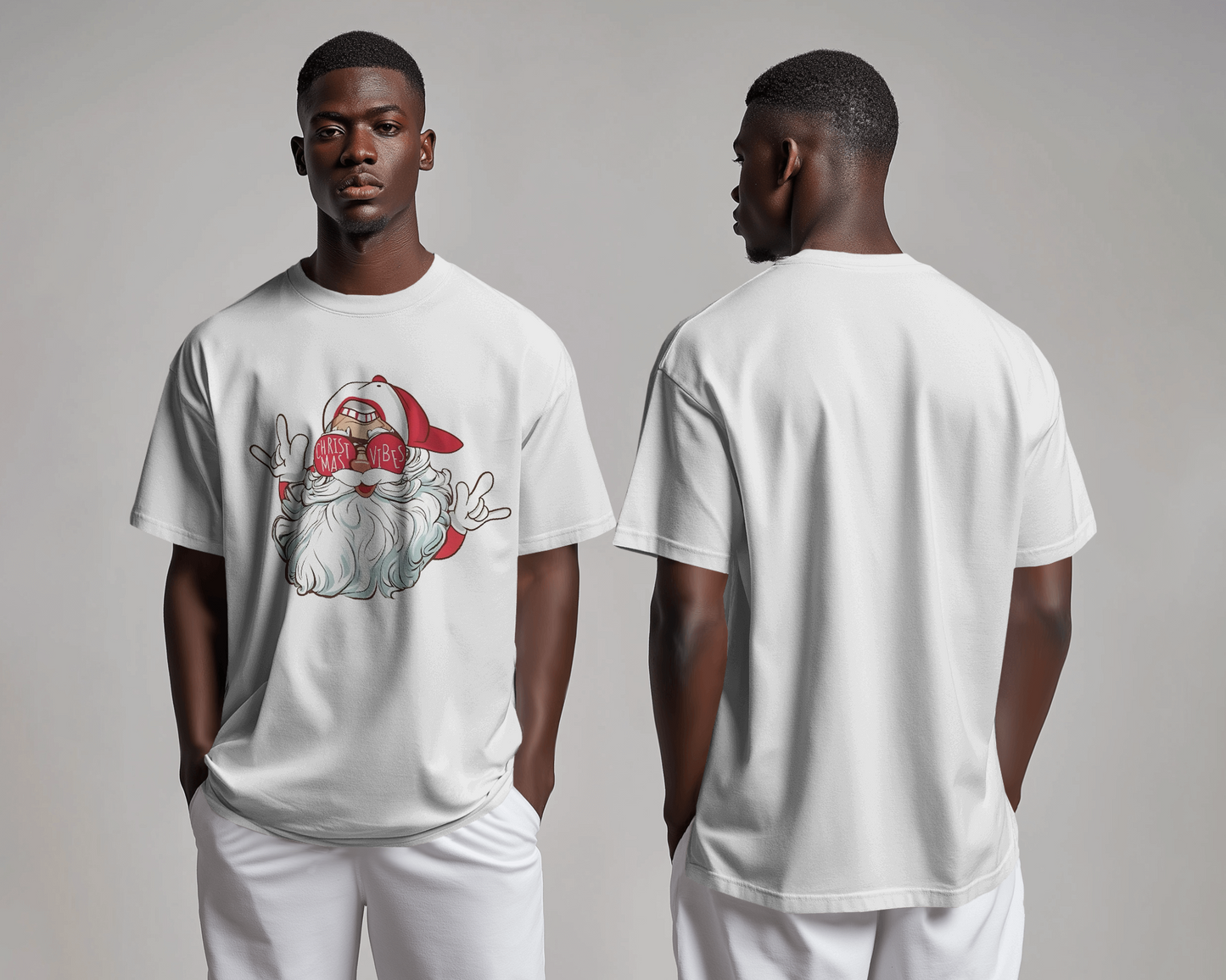 White regular fit t-shirt from Nitorious Atelier featuring a festive Santa Claus print. Made from premium cotton, this t-shirt offers comfort and a joyful holiday vibe, perfect for the Christmas season.