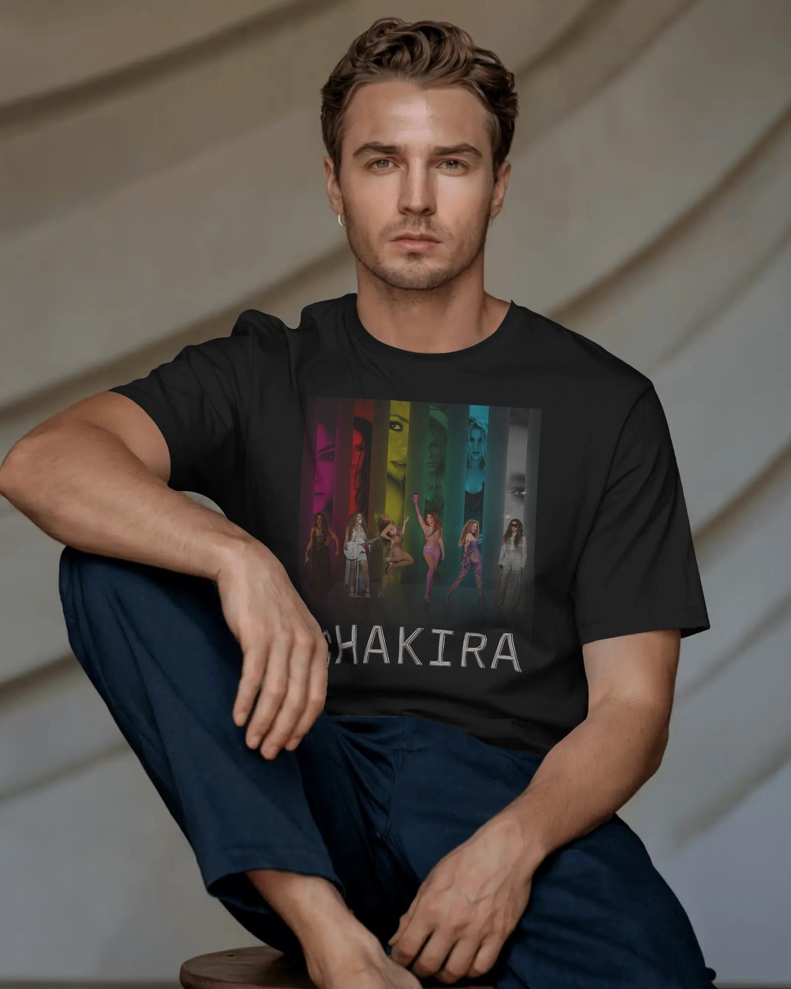 Oversized black graphic tee featuring Shakira concert eras design