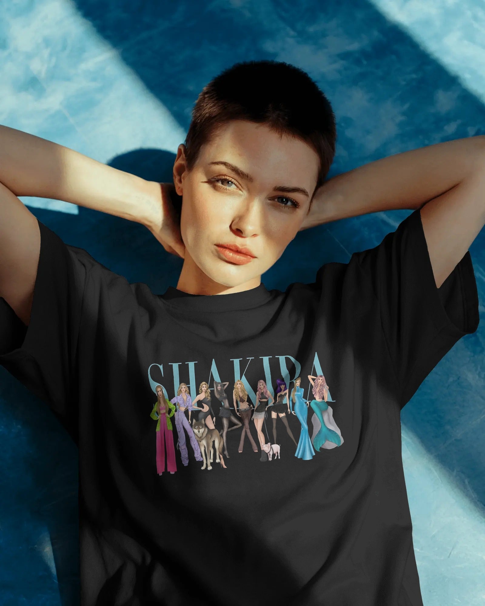 Unisex oversized black t-shirt inspired by Shakira India concert eras