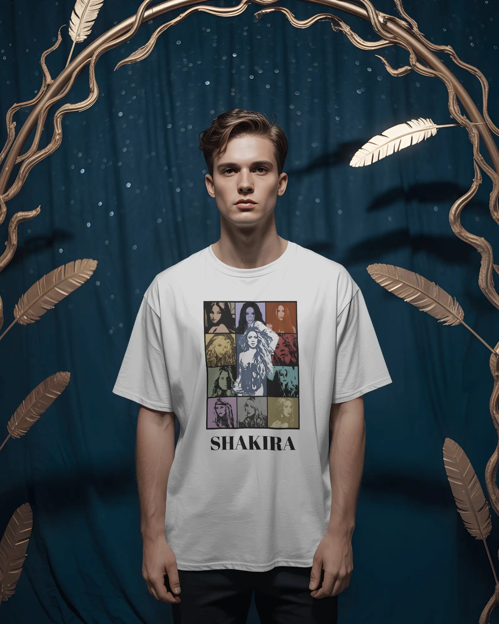 Person wearing a t-shirt with Shakira graphic design against a decorative background