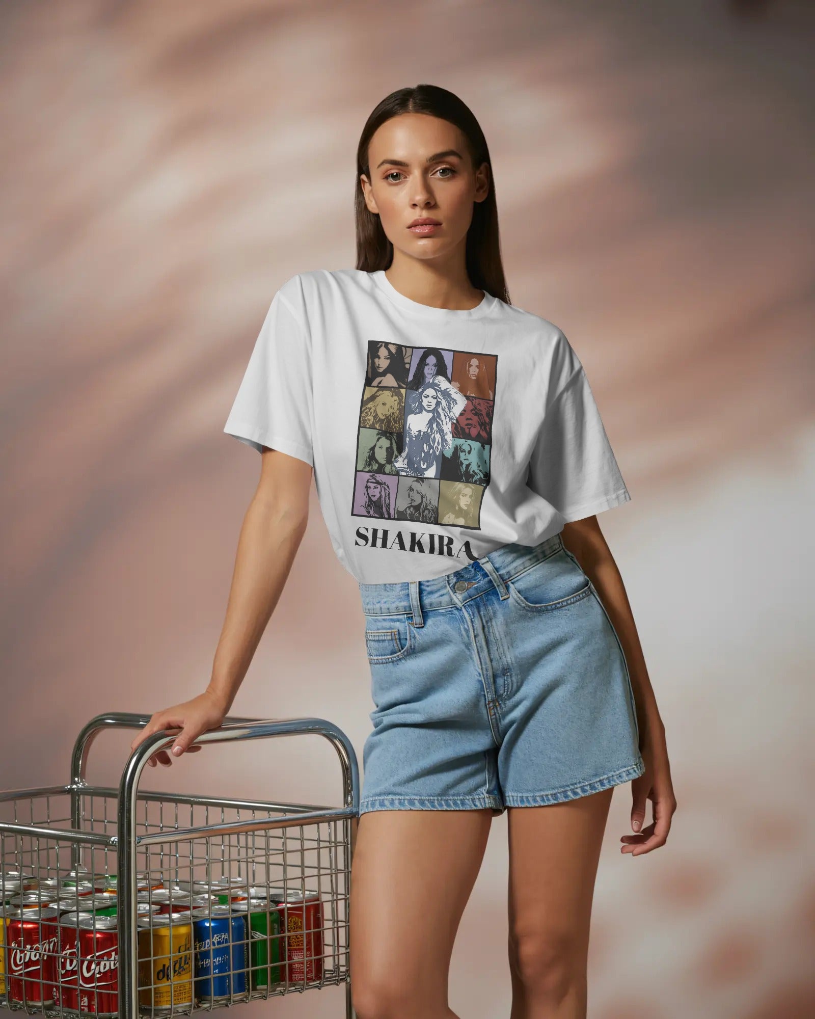 Person wearing a graphic t-shirt with a shopping cart full of drinks on a gradient background