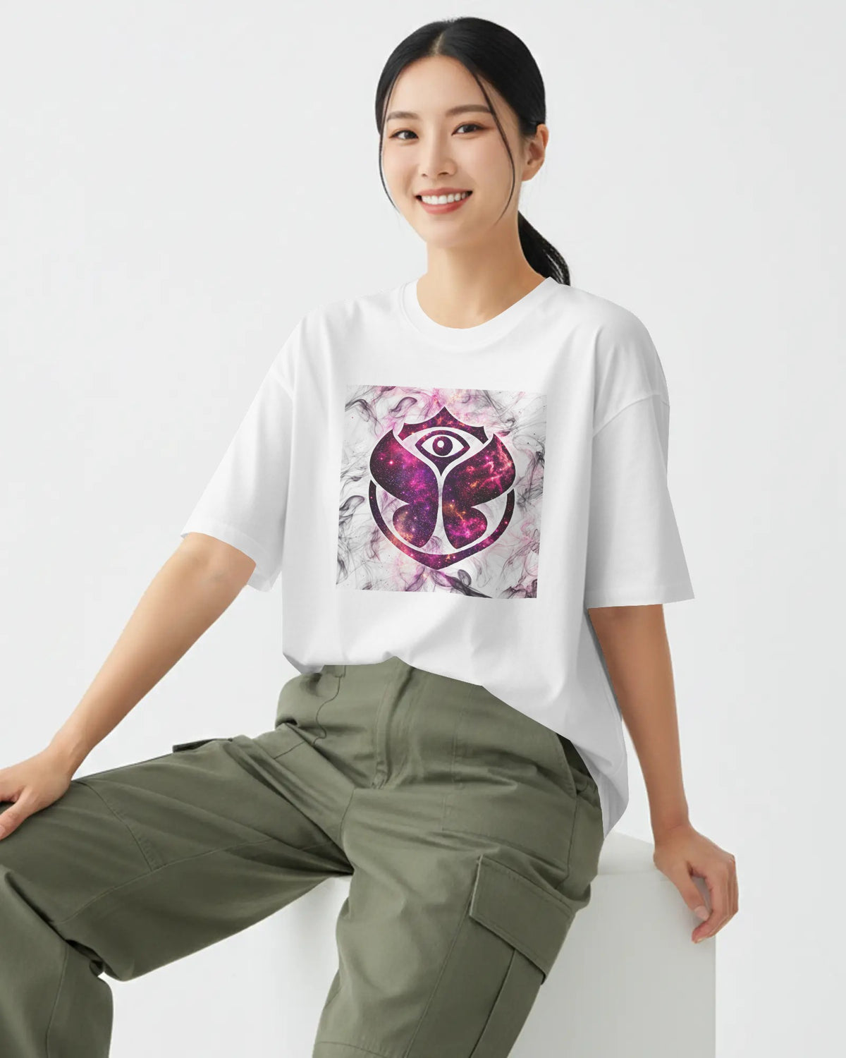 A woman wearing a white short-sleeve t-shirt with a pink and purple cosmic eye graphic on the front, paired with olive green cargo pants, sitting on a white block against a light gray background.