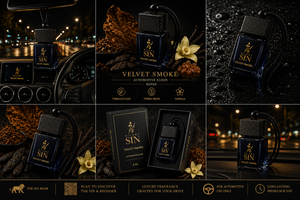Six-panel promotional collage for a car fragrance product. The product is a rectangular black bottle labeled 'SIN' with gold lettering and a matching black car keychain, shown in different moody nighttime car-scene and styled settings with dried leaves, flowers, and wet pavement. Silent Sin Automotive Elixir Car Fragrance