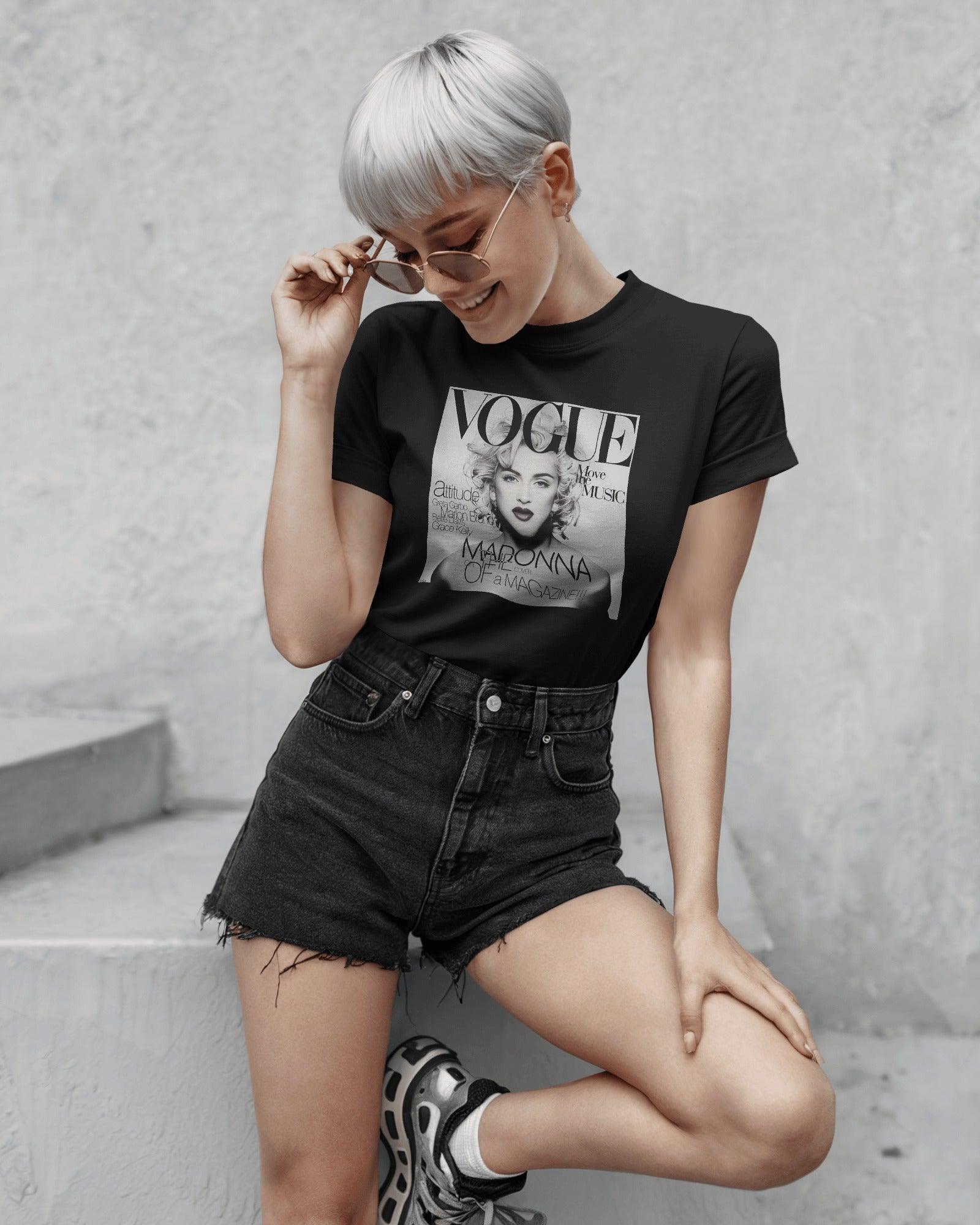 Black regular fit t-shirt featuring an iconic Vogue Madonna graphic. Made from premium cotton, offering a bold style statement with all-day comfort.