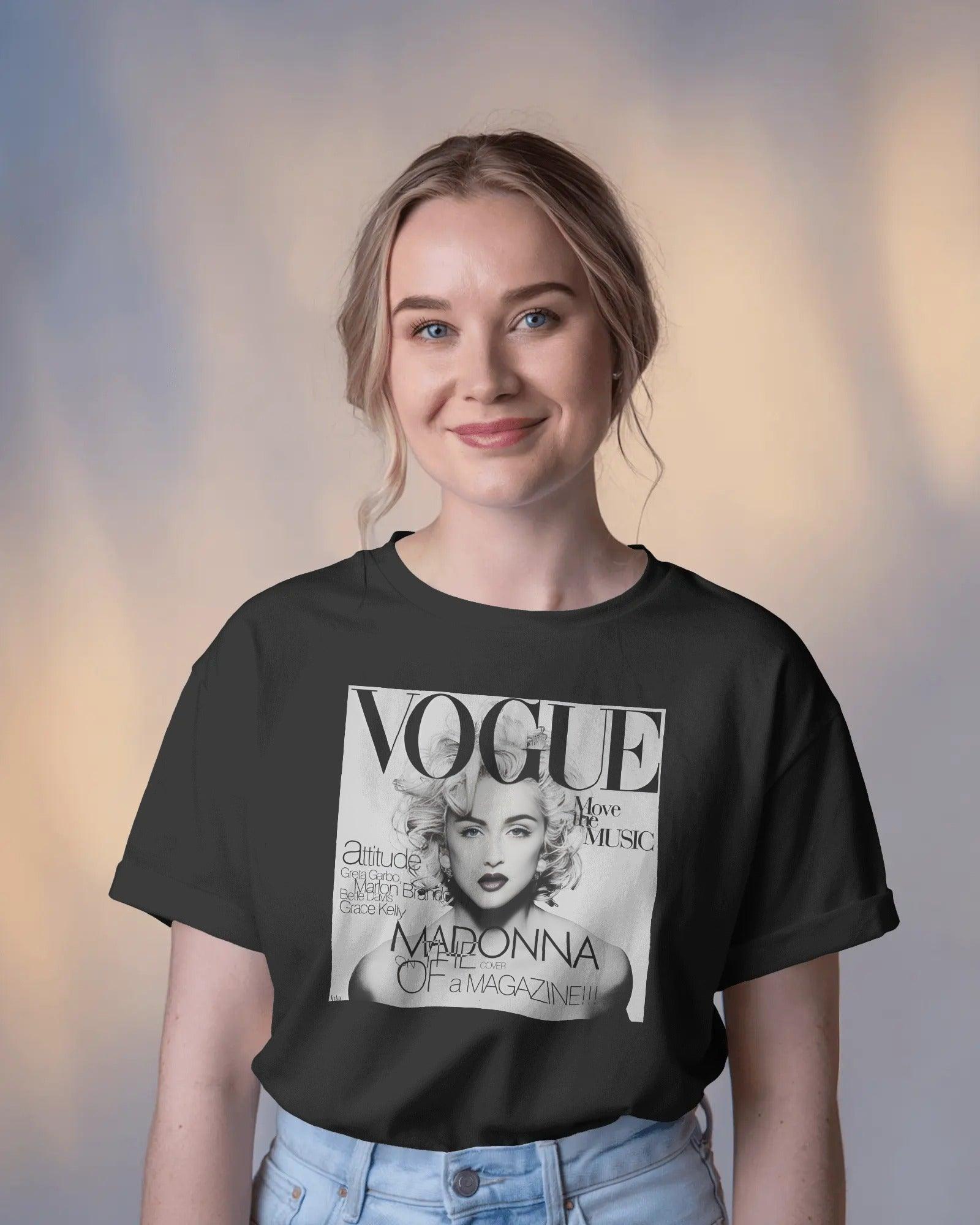 Black regular fit t-shirt featuring an iconic Vogue Madonna graphic. Made from premium cotton, offering a bold style statement with all-day comfort.