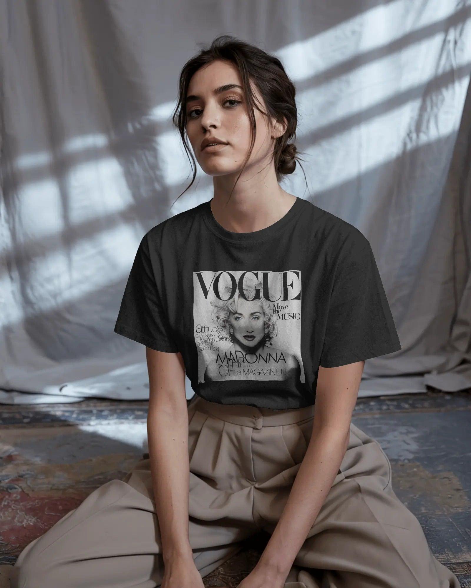 Black regular fit t-shirt featuring an iconic Vogue Madonna graphic. Made from premium cotton, offering a bold style statement with all-day comfort.