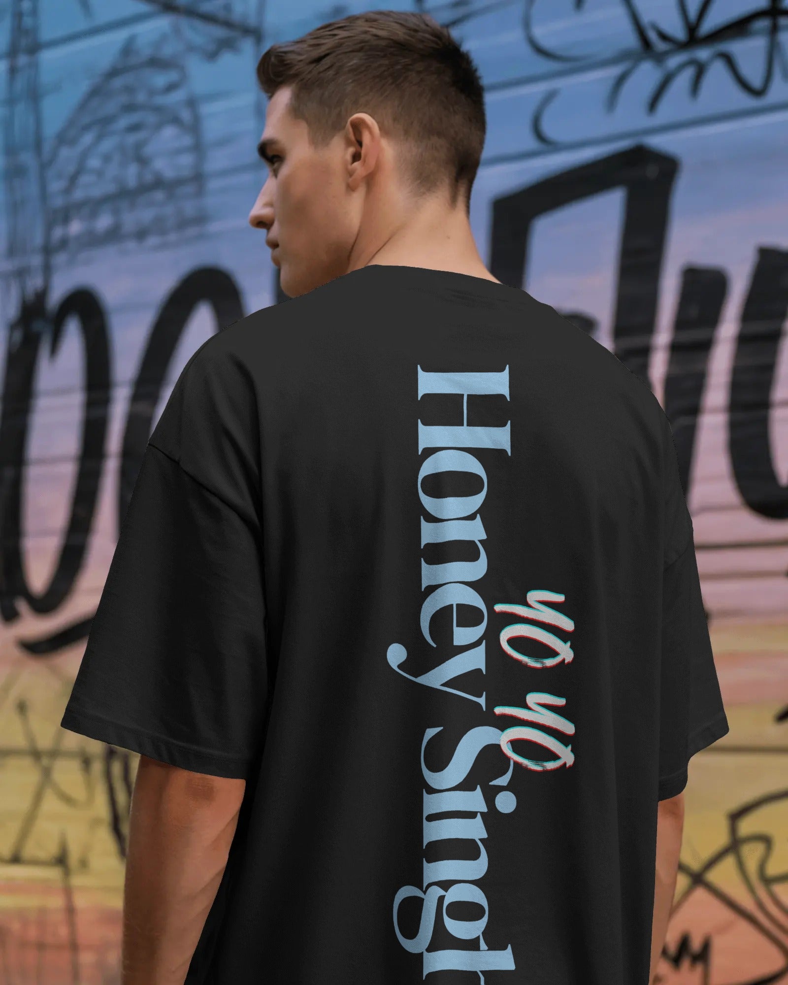Premium oversized black t-shirt featuring Yo Yo Honey Singh concert artwork