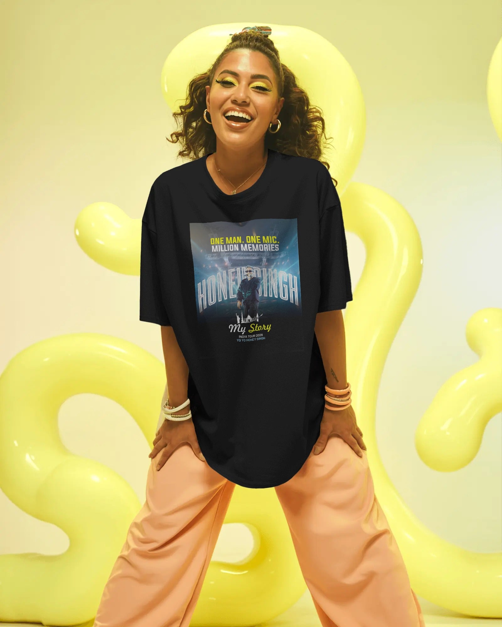 Streetwear oversized black t-shirt with Honey Singh concert poster graphic